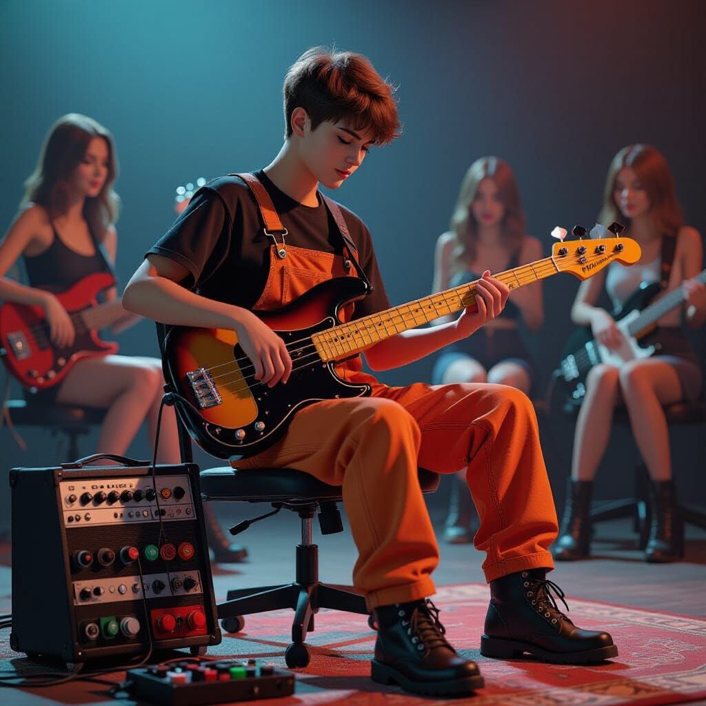 Boy Playing Bass Guitar with Women Enjoying Music