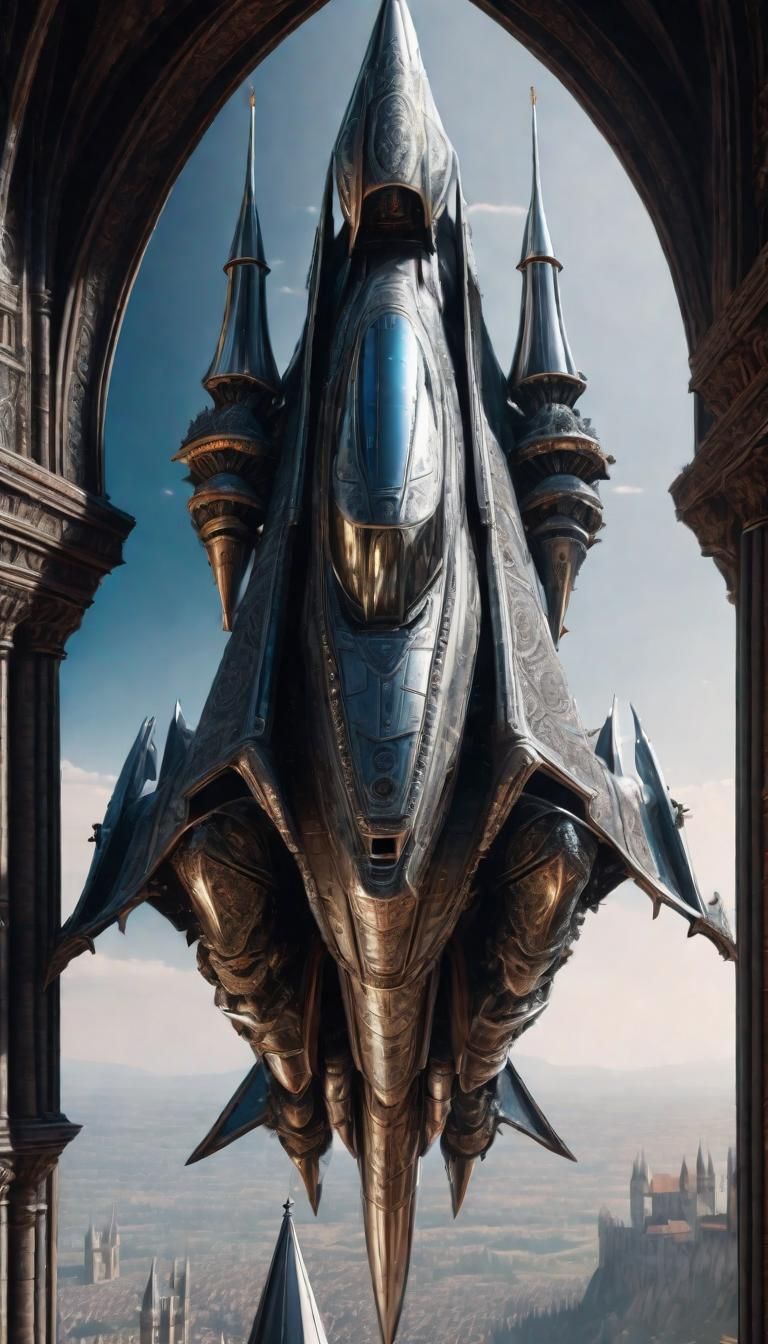 Futuristic Spaceship Over Gothic Knight in Hyperrealism