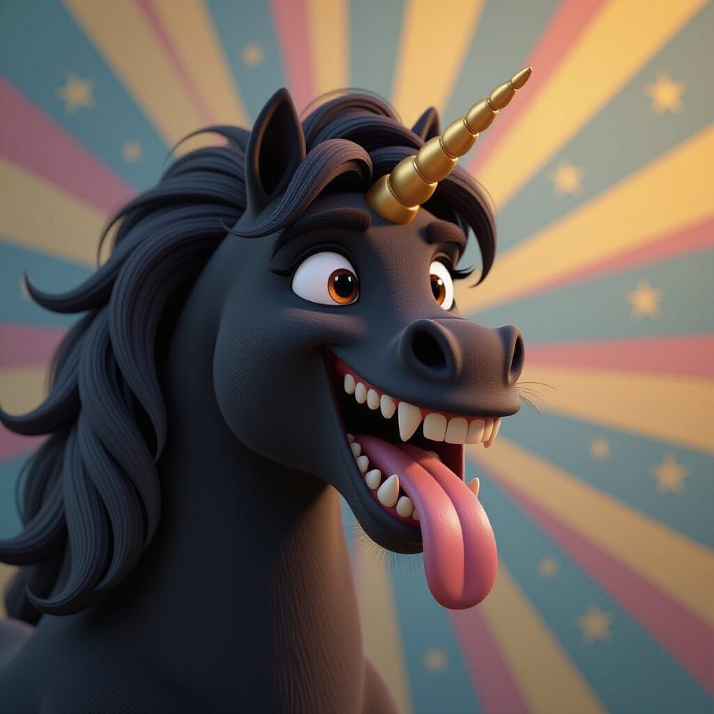 Excited Black Unicorn with Bared Teeth, Pixar Style