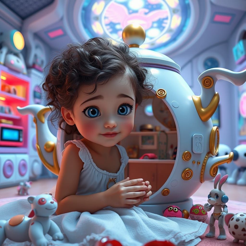 Girl Plays with Futuristic Teapot Dollhouse