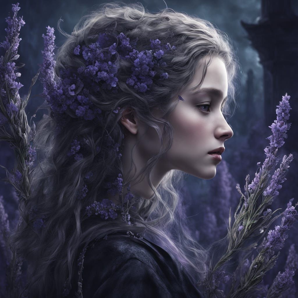 Gothic Mystical Being Whispering to Lavender Plants