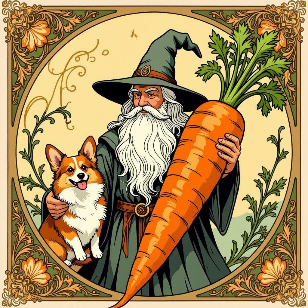 Art Nouveau Carrot Gandalf Wielding Corgi