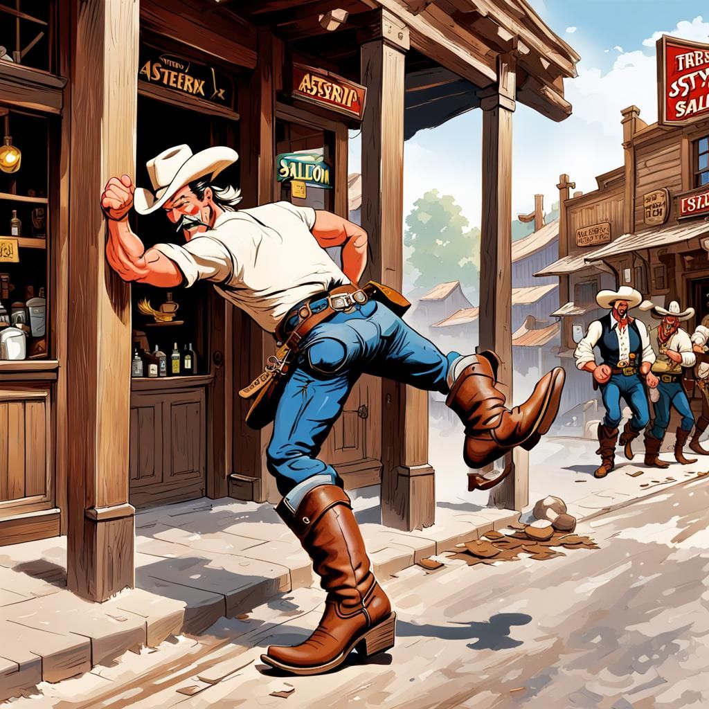 Drunken cowboy being literally kicked out of a western saloo...