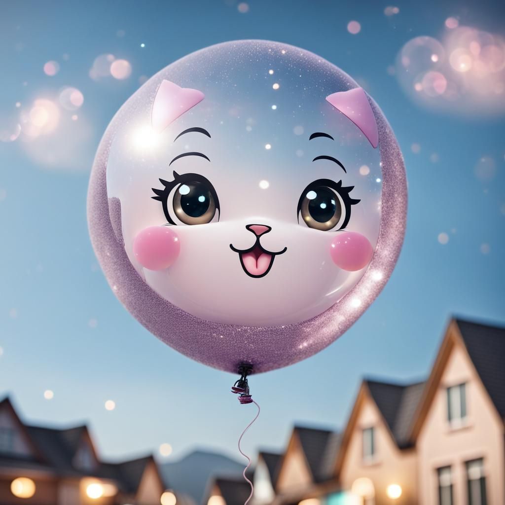 Balloon Kitten with Kawaii Face and Bokeh Lights