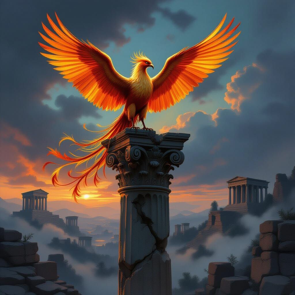 Majestic Phoenix on Ancient Column as Classic Oil Painting