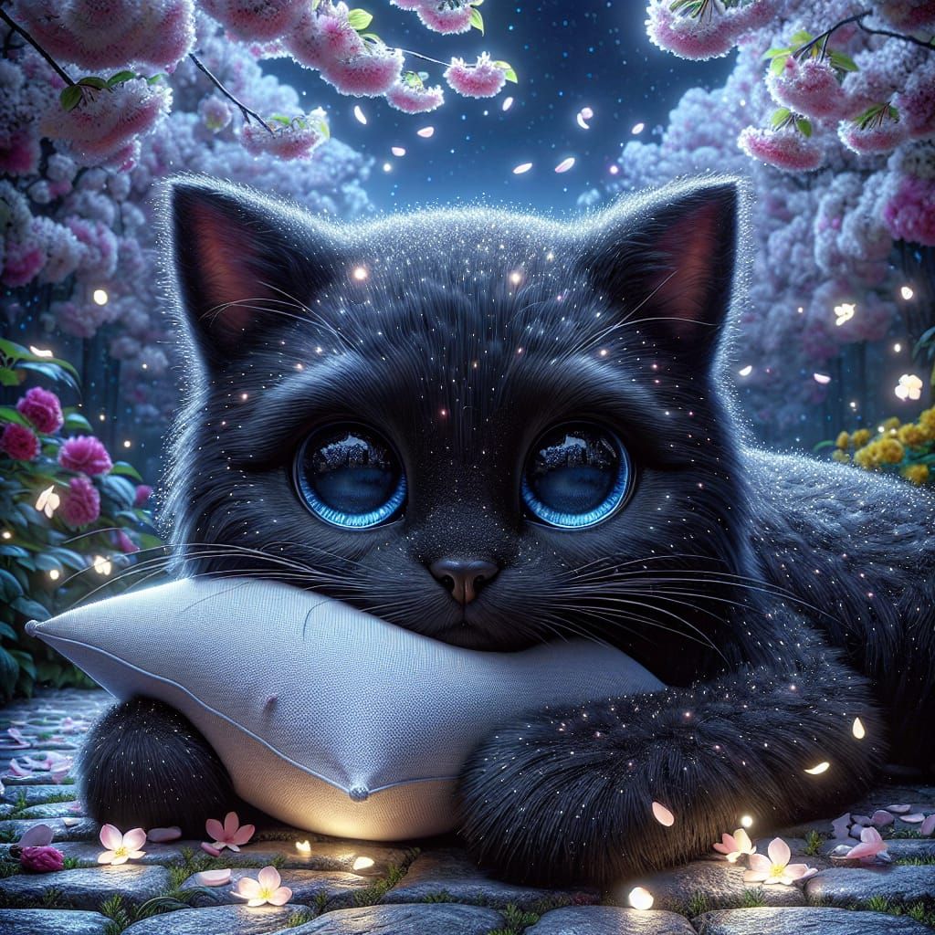 Black Cat in Enchanted Garden Digital Art