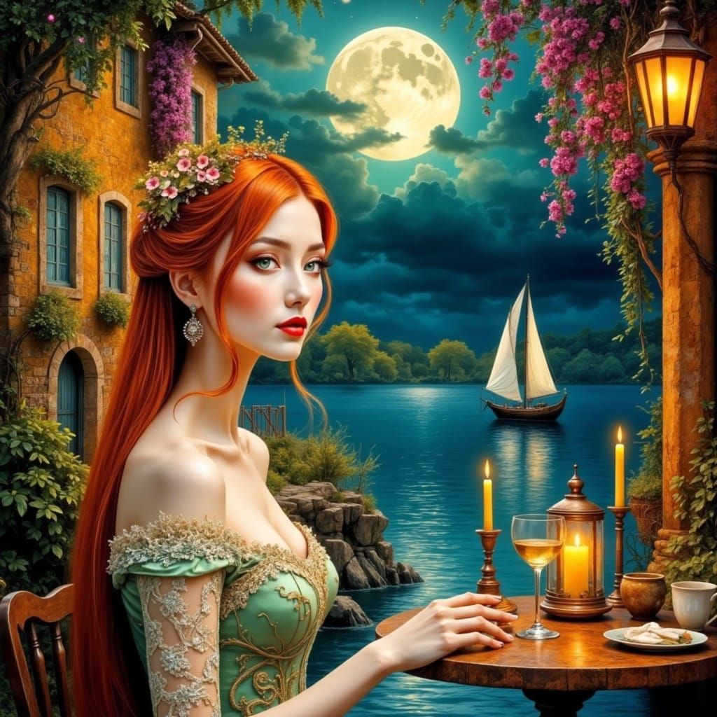 Ginger-Haired Woman in Vintage Evening Gown Sits in Serene C...