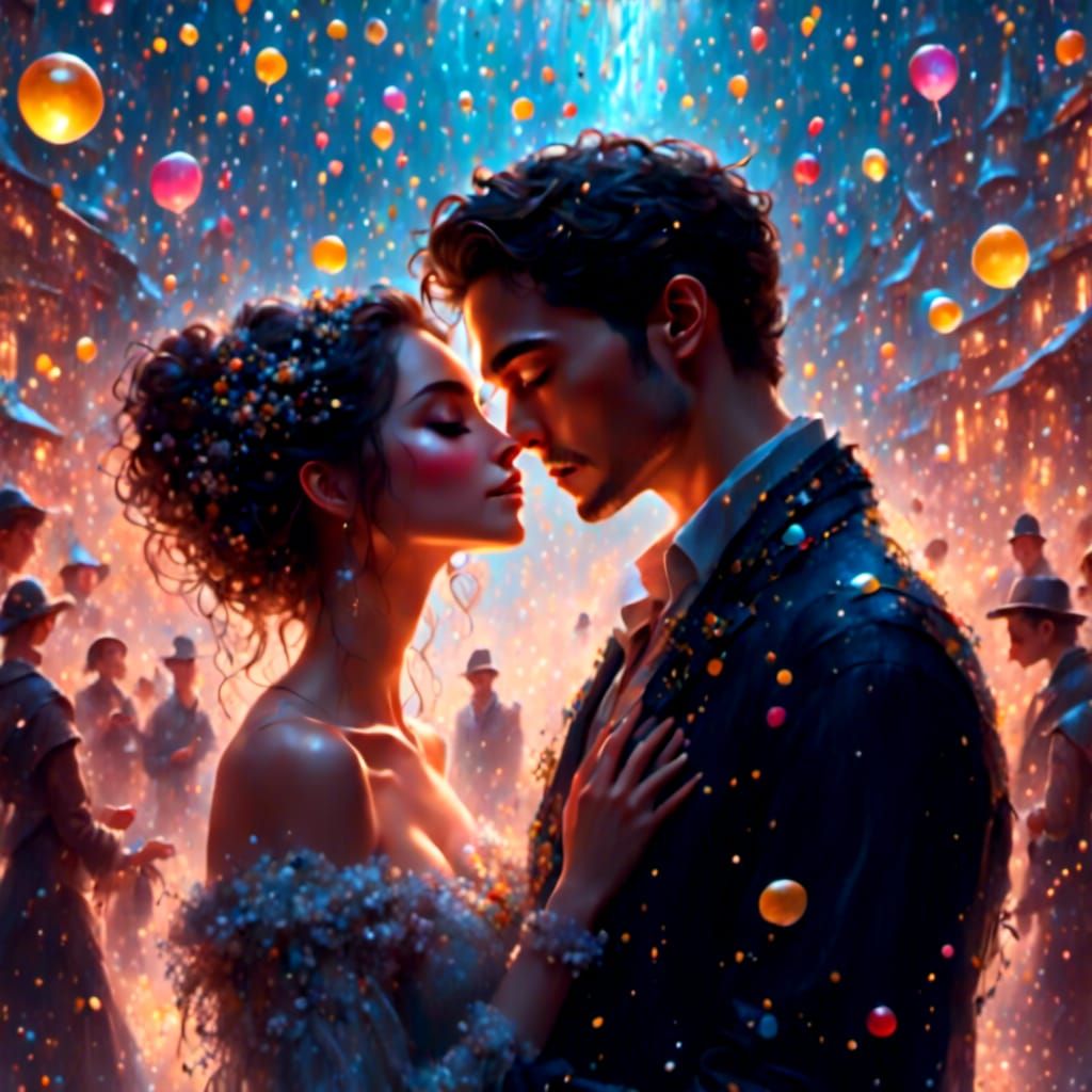 Young Couple's New Year's Kiss in Hyperrealistic Style