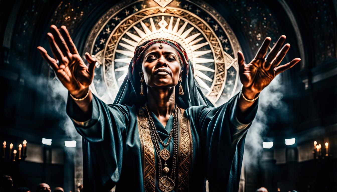 Hyperrealistic Faith Healer in Prayer, Cinematic HDR