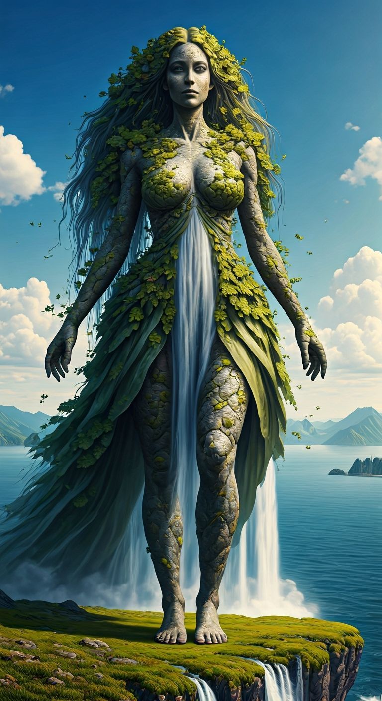Stone Giantess at Cliff's Edge in Hyperrealistic Style