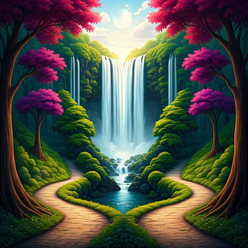 Majestic Waterfall with Winding Paths: Naturalism and Mystic...