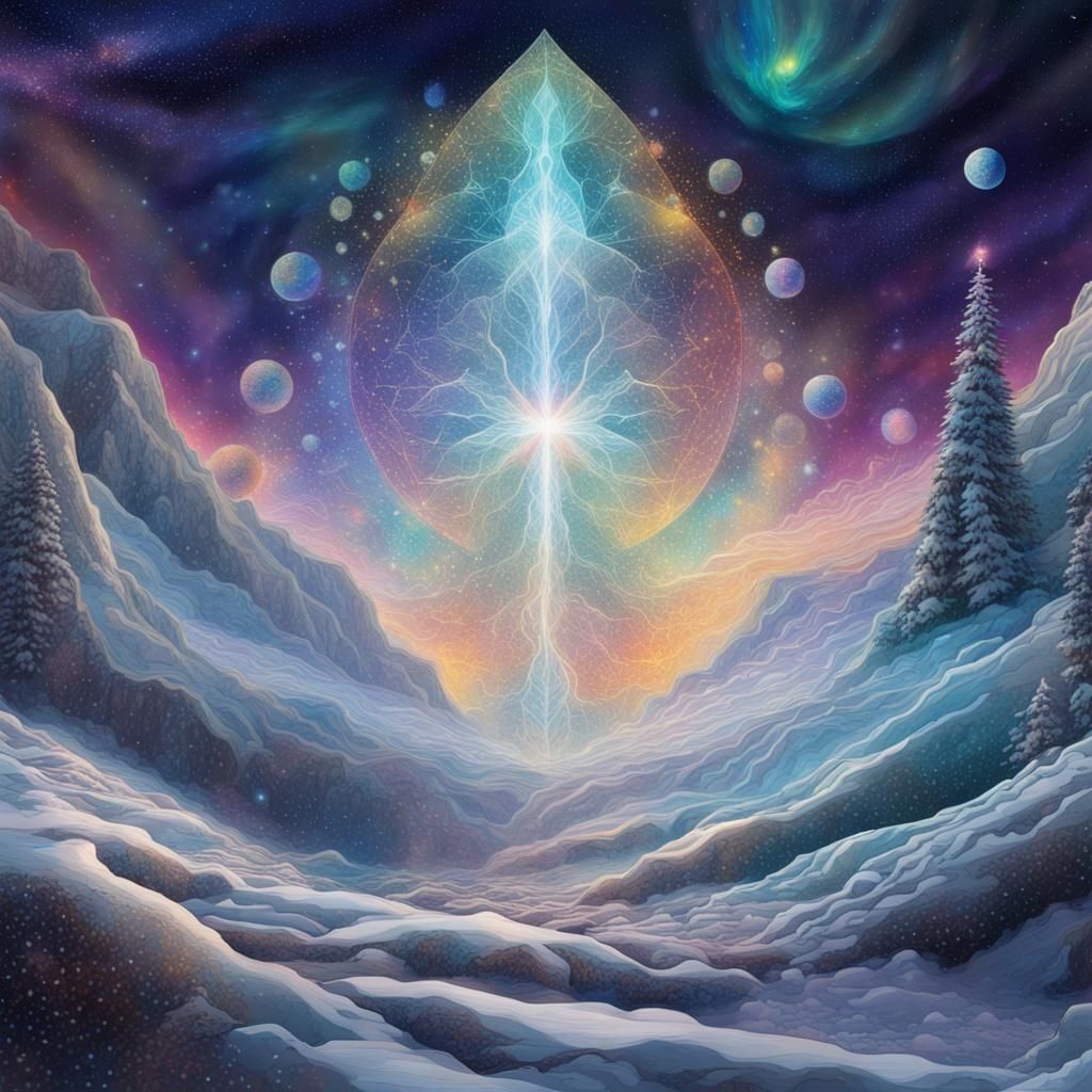 Holographic Borealis Snow Illustration in Cosmic Style