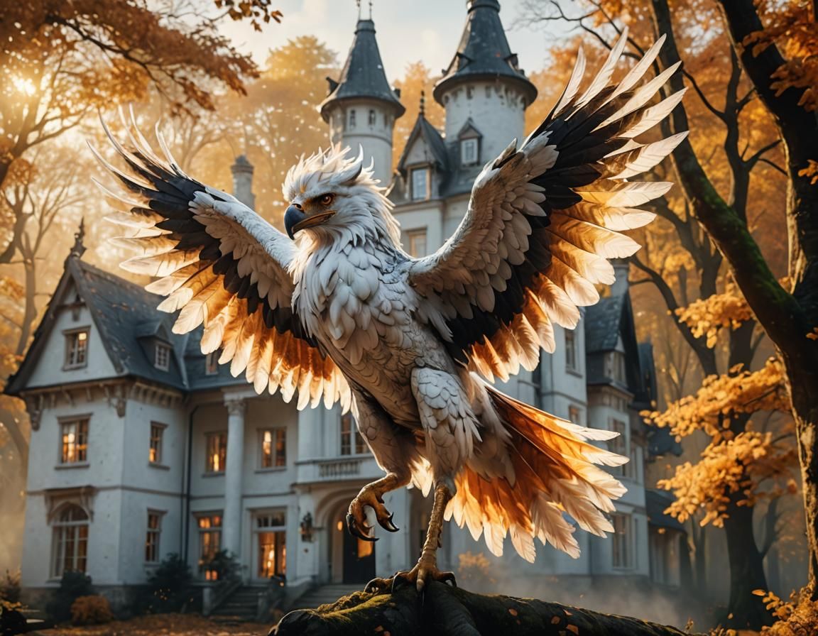 White Hippogriff Over Forest Manor: Digital Art