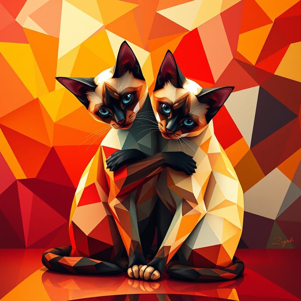 Abstract Siamese Cats in Vibrant Geometric Harmony