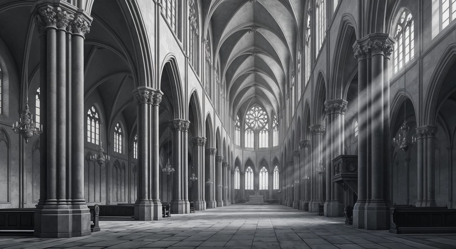 Monochrome Gothic Cathedral Interior Oil Painting