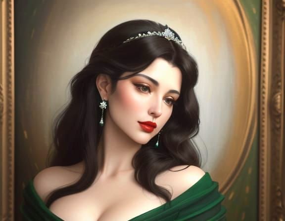 Elegant Woman in Emerald Gown, Klimt-Inspired Oil Portrait