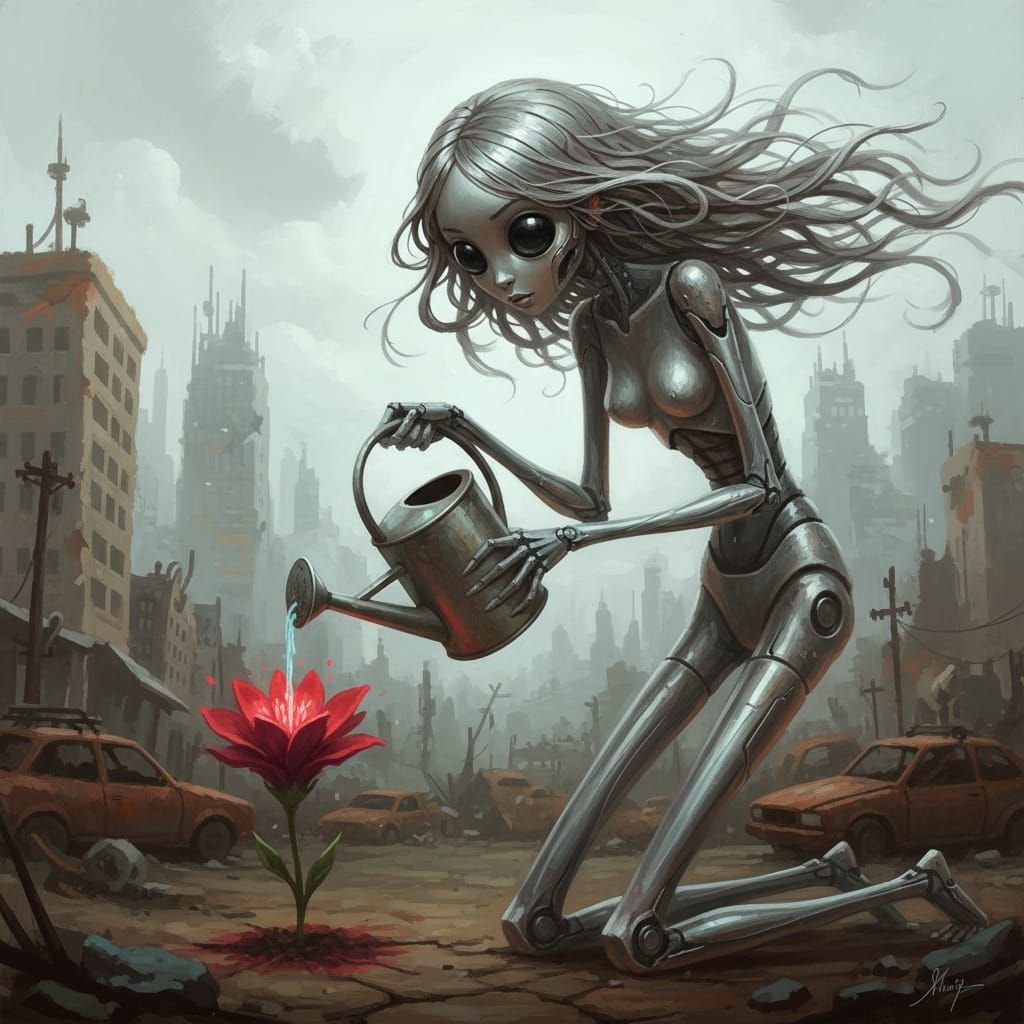 Cyborg Tends Flower in Post-Apocalyptic City