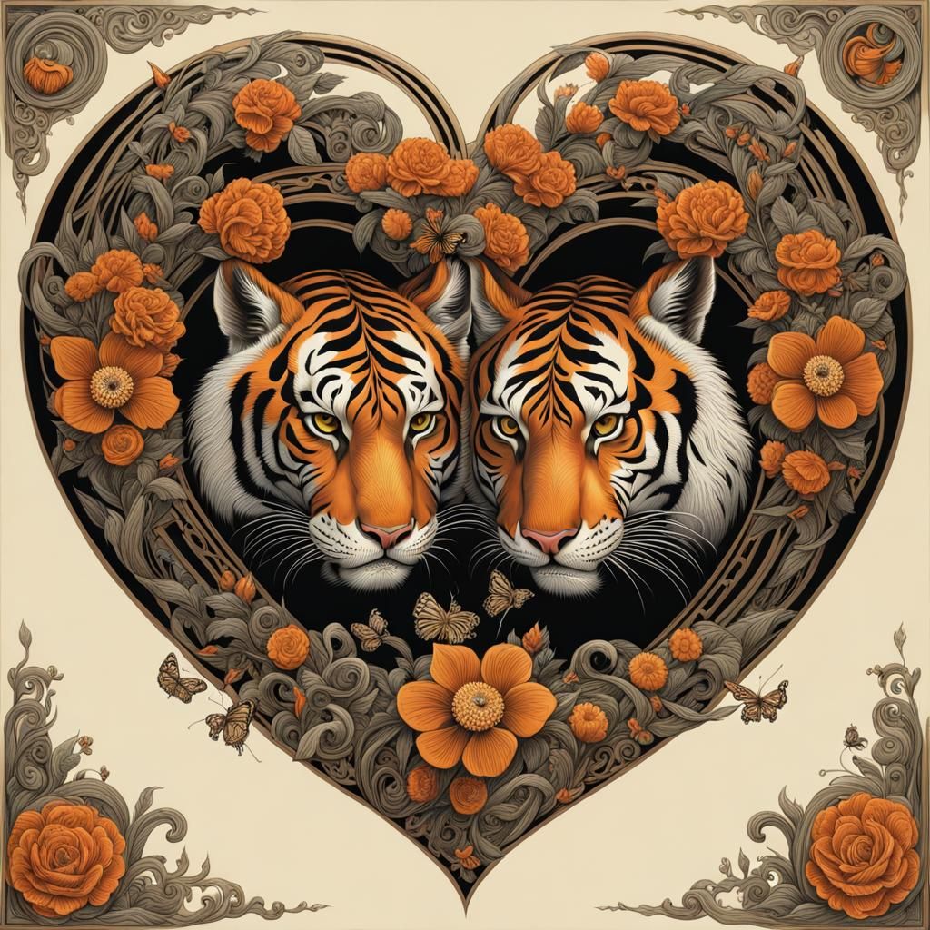 Two Tigers Form Heart Surrounded by Glowing Flora