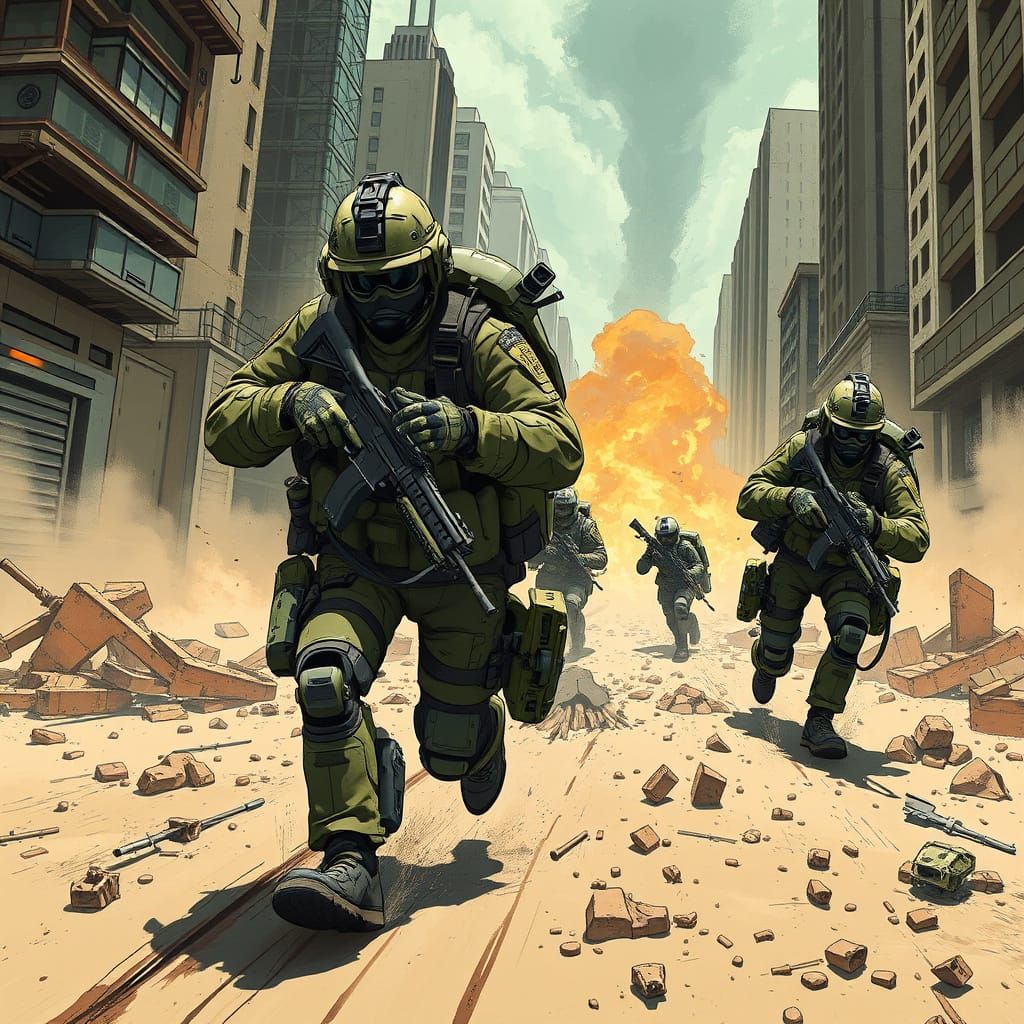 Soldiers in War-Torn Cityscape: Dystopian Action
