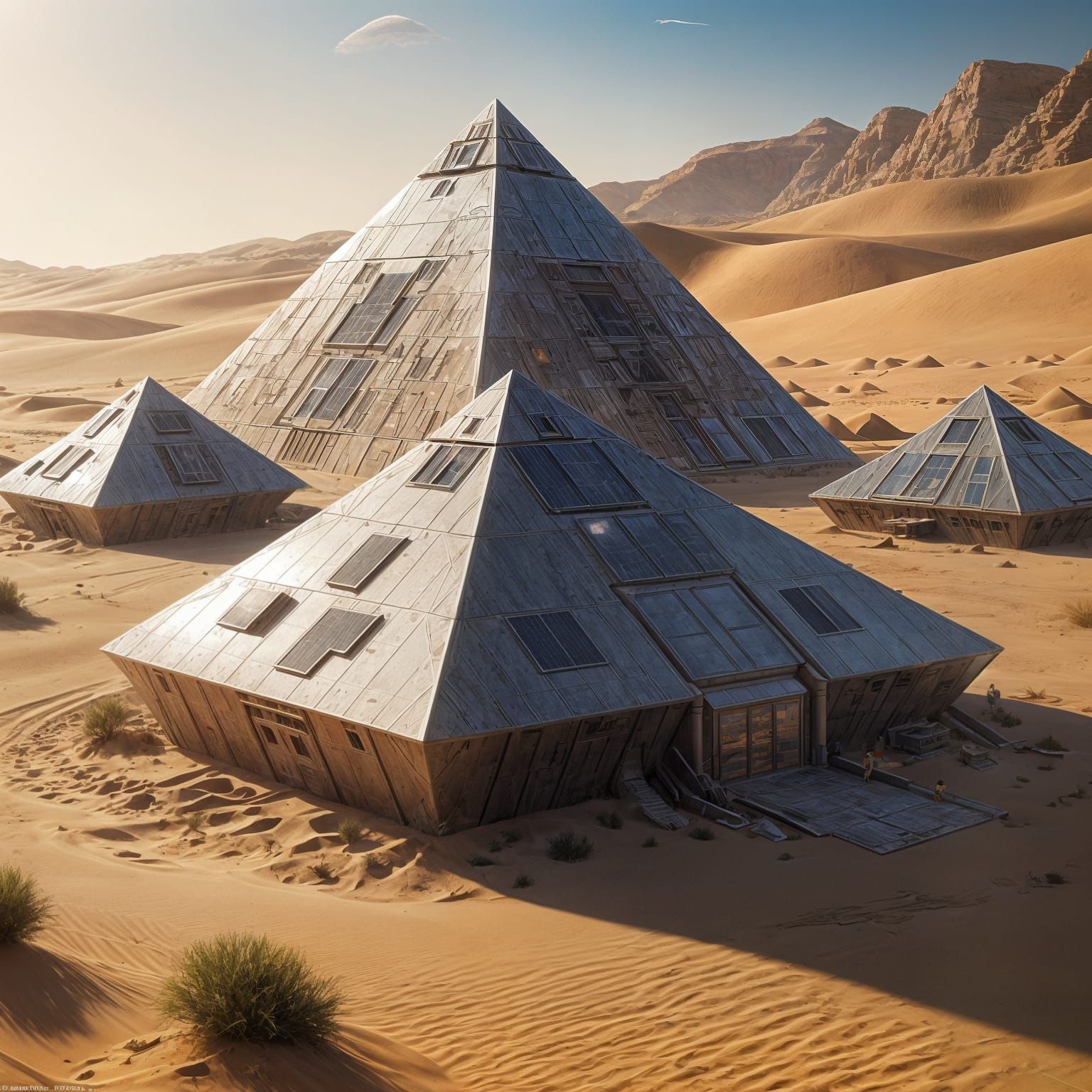 Futuristic Desert Hideout with Holographic Pyramid