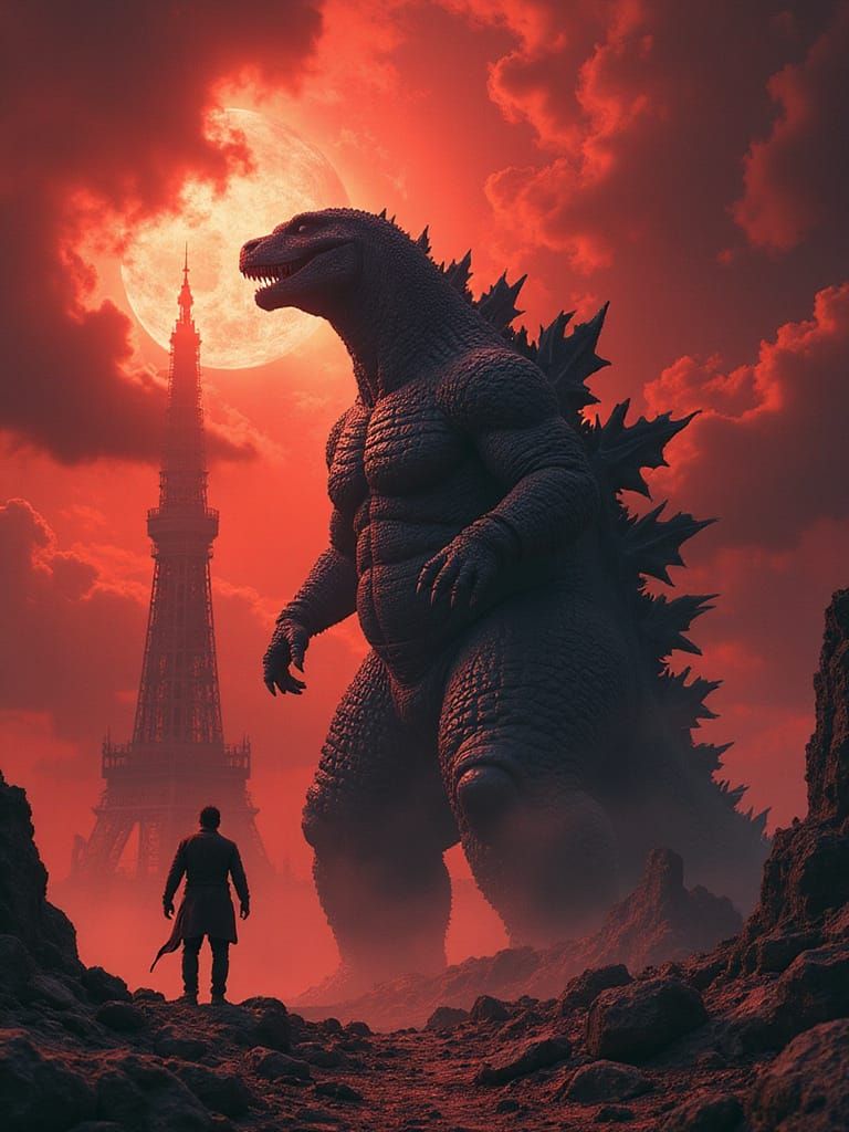 Godzilla Confronts the Dark Tower in a Fiery Sky
