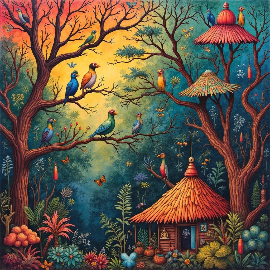 Eclectic Jungle Scene in Vibrant Patchwork Art