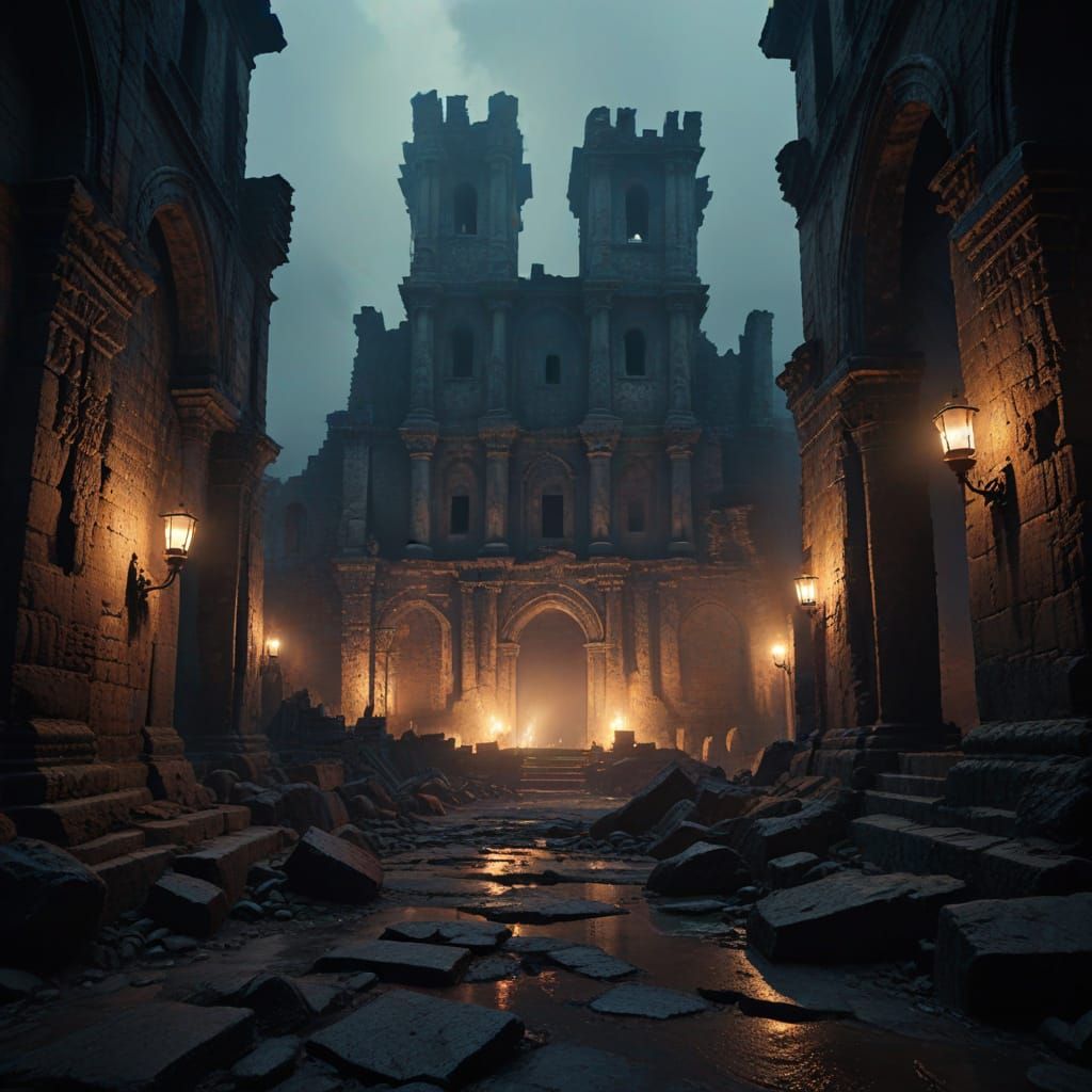 Dark Fantasy Ancient City Under Ominous Atmospheric Lighting