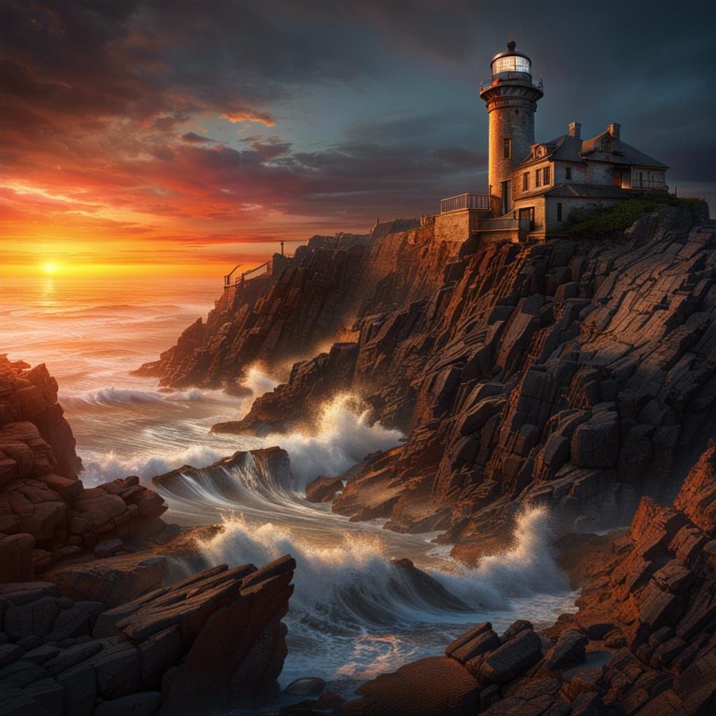 Photorealistic Lighthouse at Sunset on Rocky Shore
