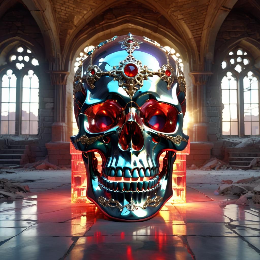 A giant 3D aurora shiny reflective metallic skull with red b...