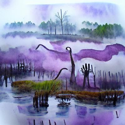 Colossal Hand in Foggy Swamp Watercolor