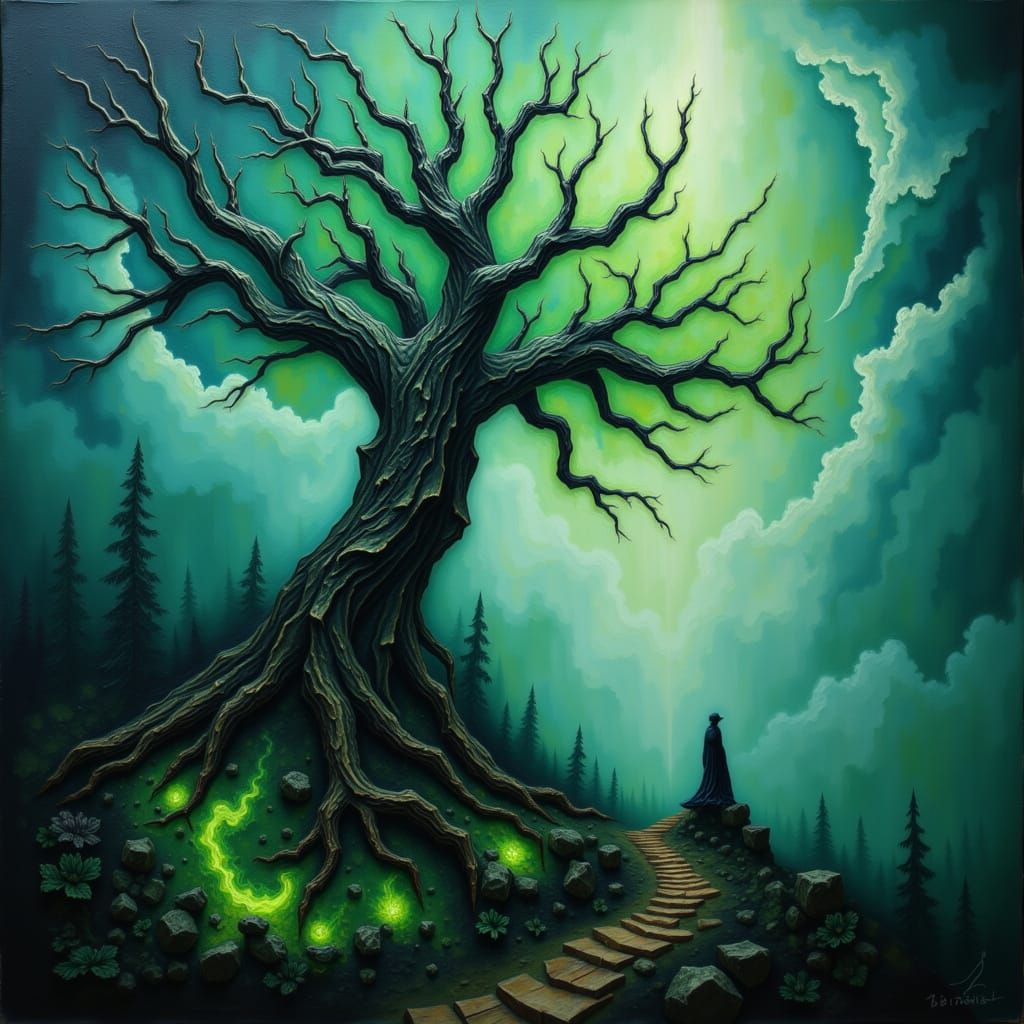Ancient Gnarled Tree in Mist with Eerie Glow