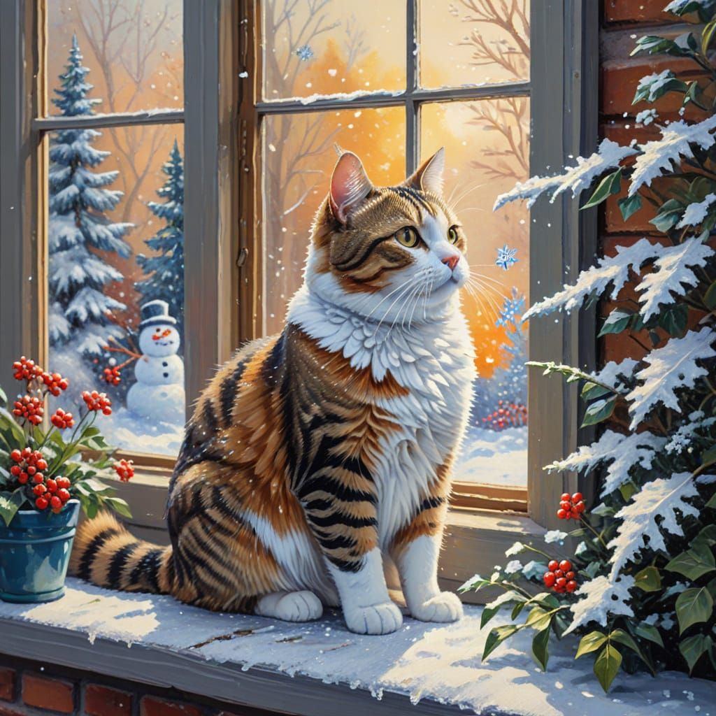 Tabby Cat by Snowy Window, Gouache Masterpiece