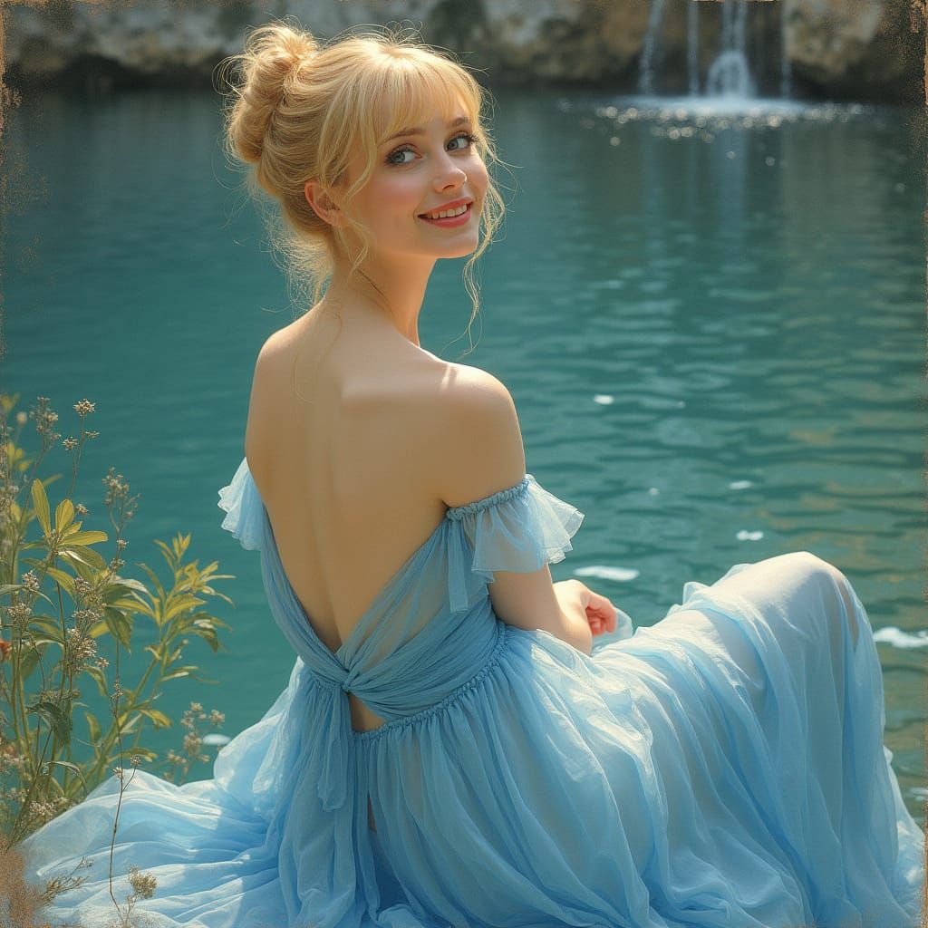 Elegant Woman Gazing at Waterfall in Art Nouveau Style