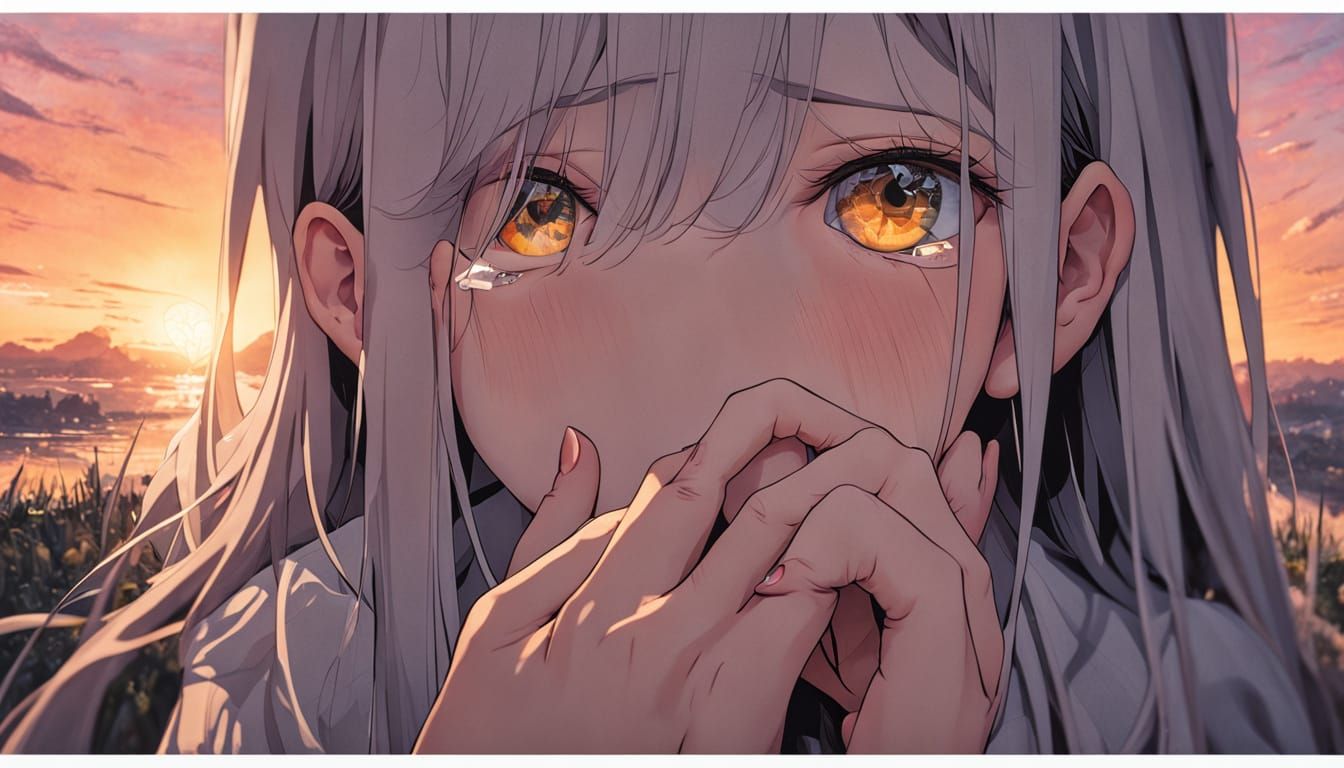 Sunset Landscape Reflected in a Tearful Eye, Manga Style