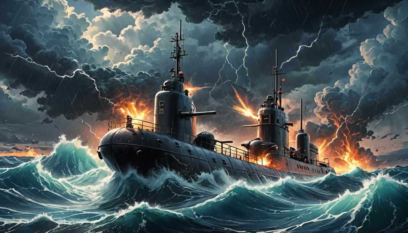 Submarine in Raging Ocean: Cinematic Anime Style