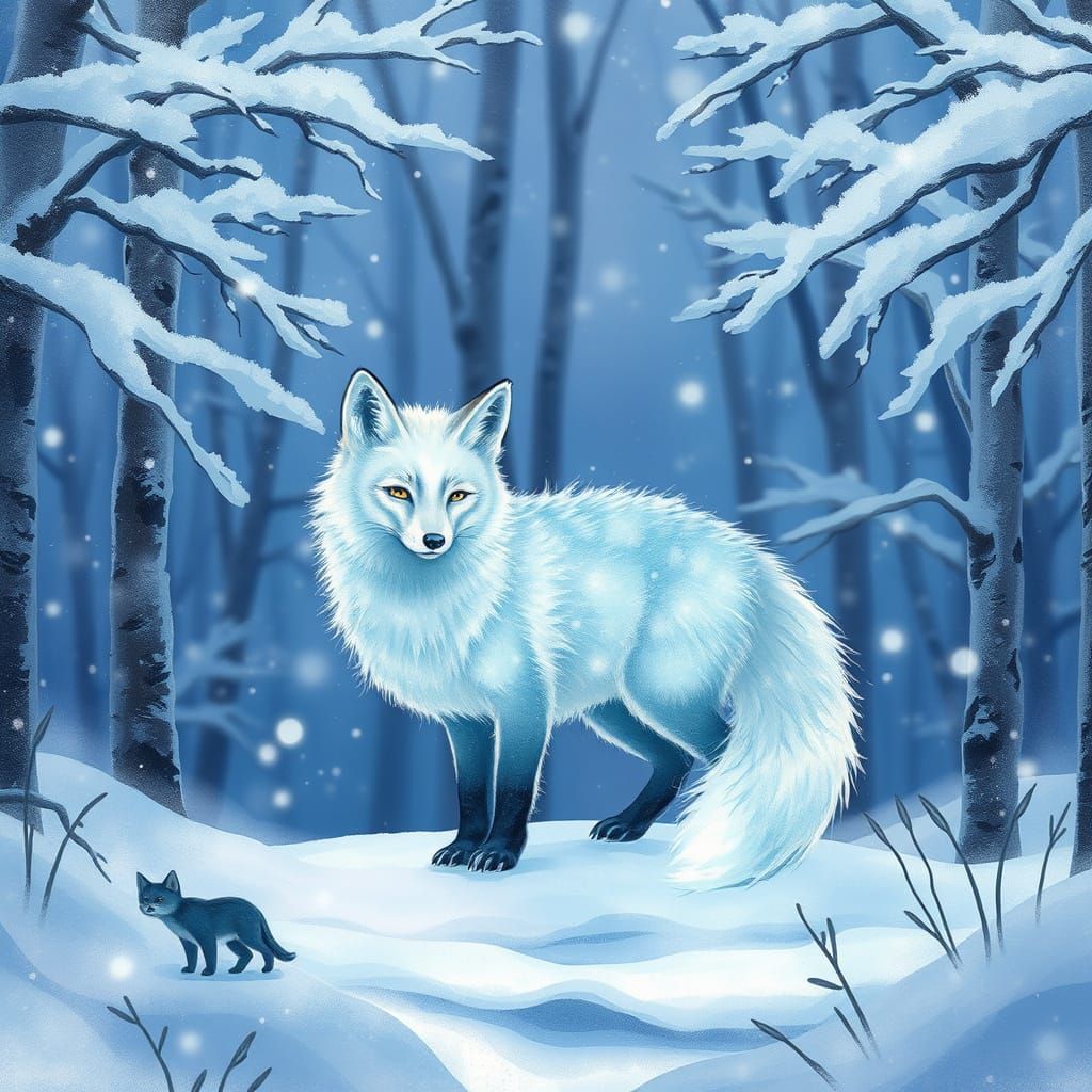 Surreal Arctic Fox in Whimsical Watercolor Wonderland
