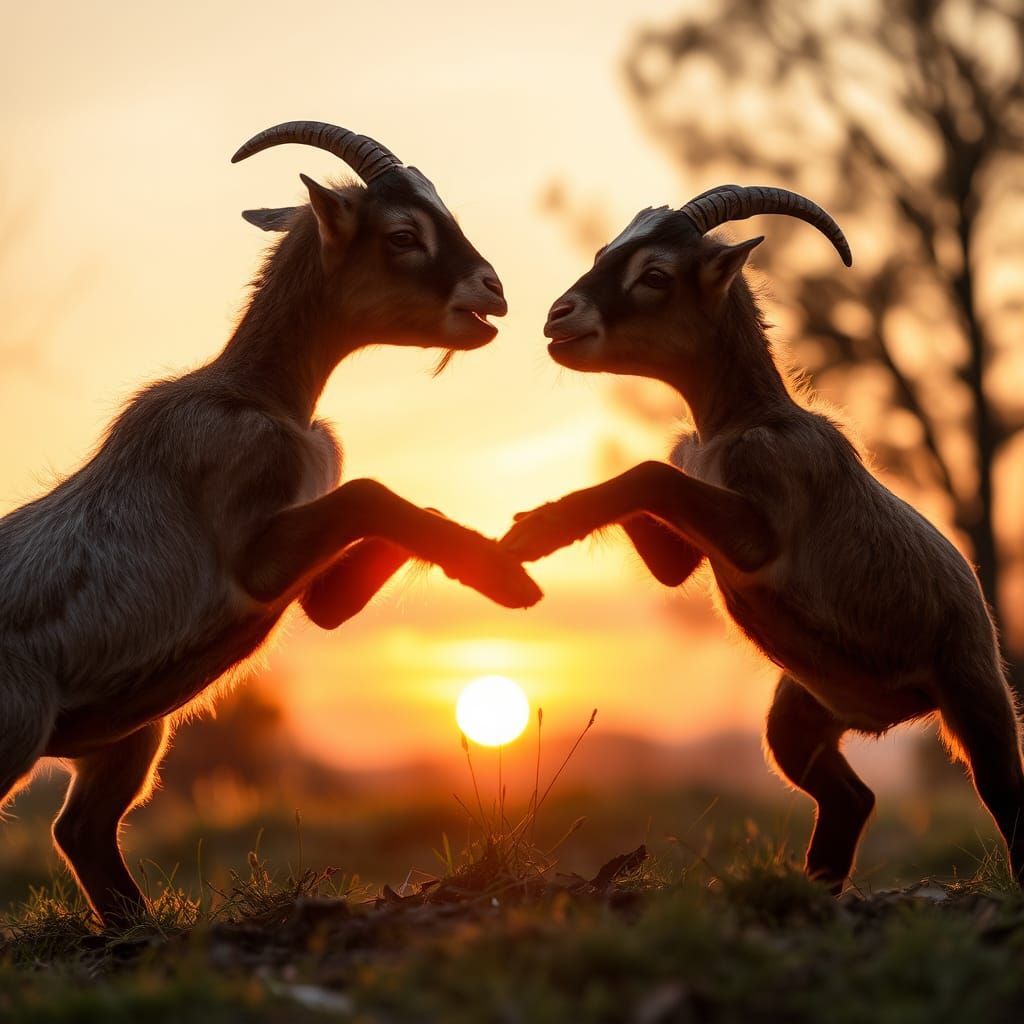Goatlings Fighting at Sunset: A Peaceful Scene