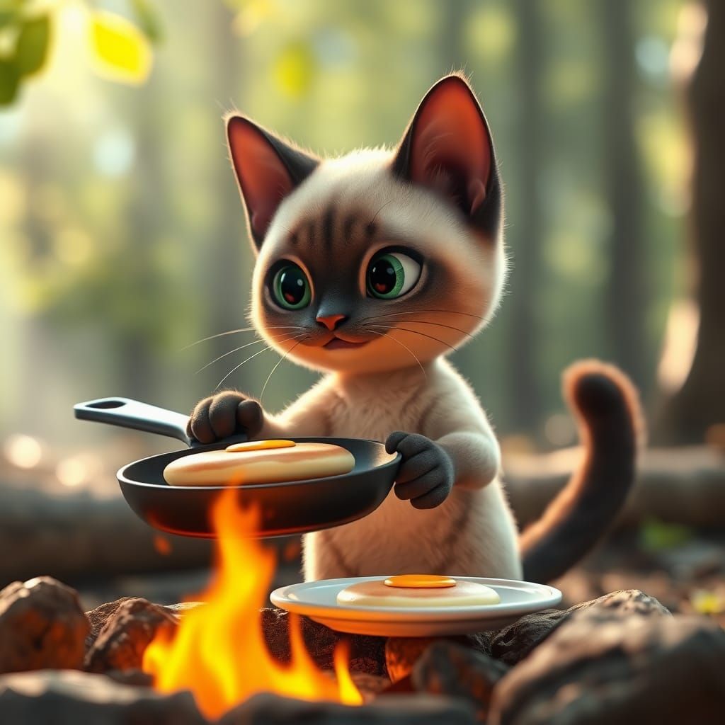 Adorable Cartoon Cat Cooking Pancakes Over Campfire