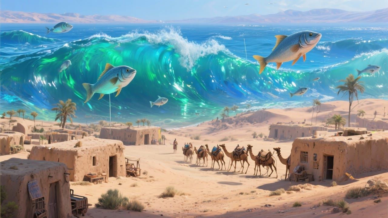 Surreal Desert Village Meets Ocean in Dreamlike Landscape
