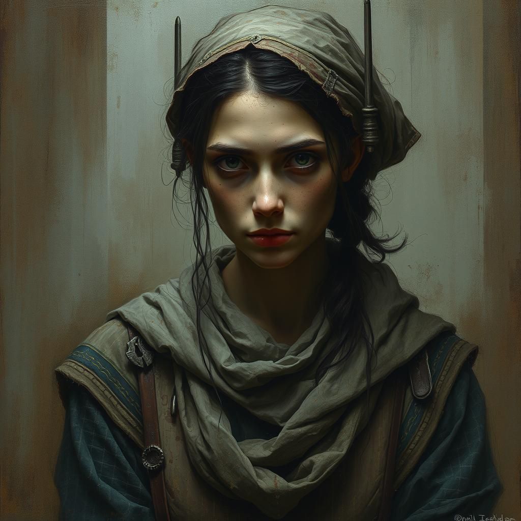 Grimdark Portrait of Weary Midwife in Plague Chamber