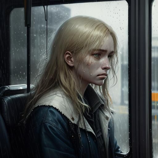 Sad Girl at Bus Stop in Dark Fantasy Style