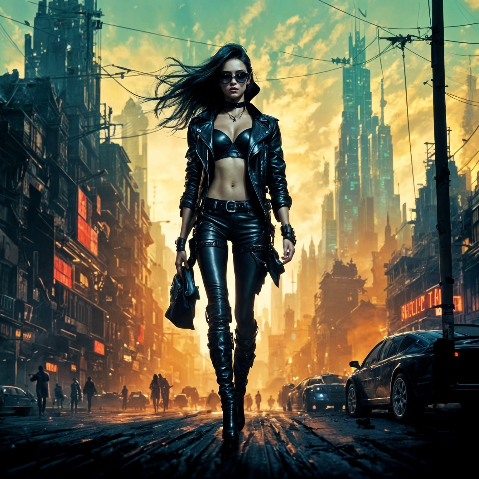 Cyberpunk Model in Dilapidated Cityscape