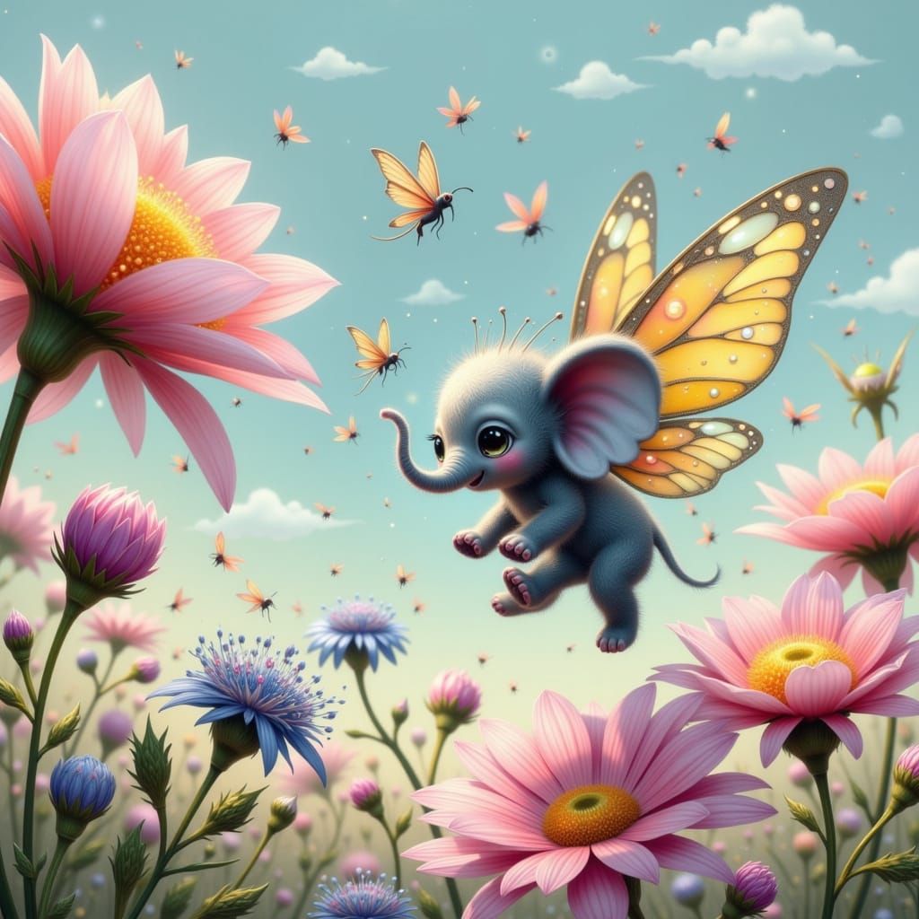 Whimsical Fairy Punk Elephants Soar Amidst Vibrant Flowers