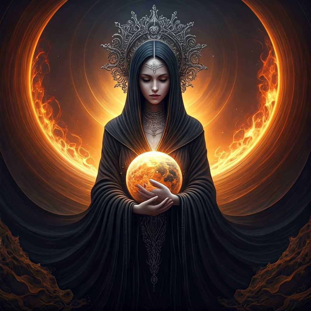 Goddess Holding Universe in Candlelit Gothic Setting
