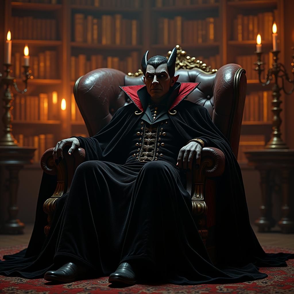 Dark Lord Dracula in Dimly Lit Library