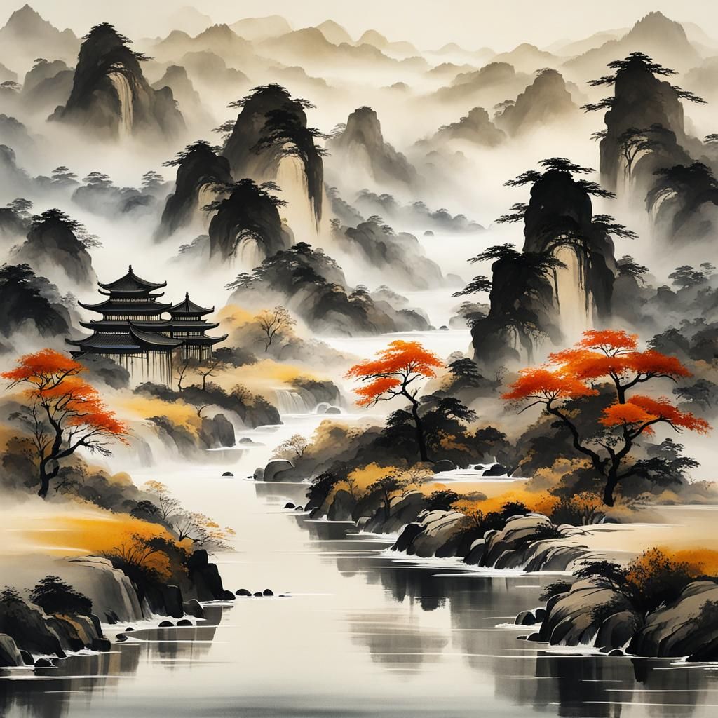 Muted Chinese Ink Rivers in Morning Light