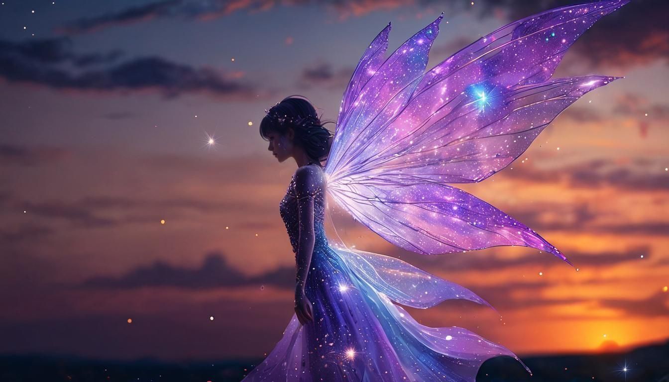 Cosmic Fairy at Sunset: Holographic Astral Illustration