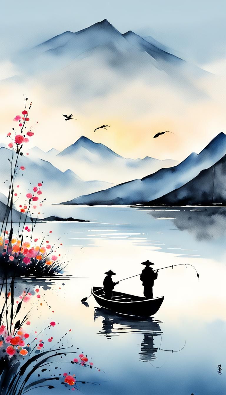 Minimalist Chinese Ink Painting of Angler at Sunset