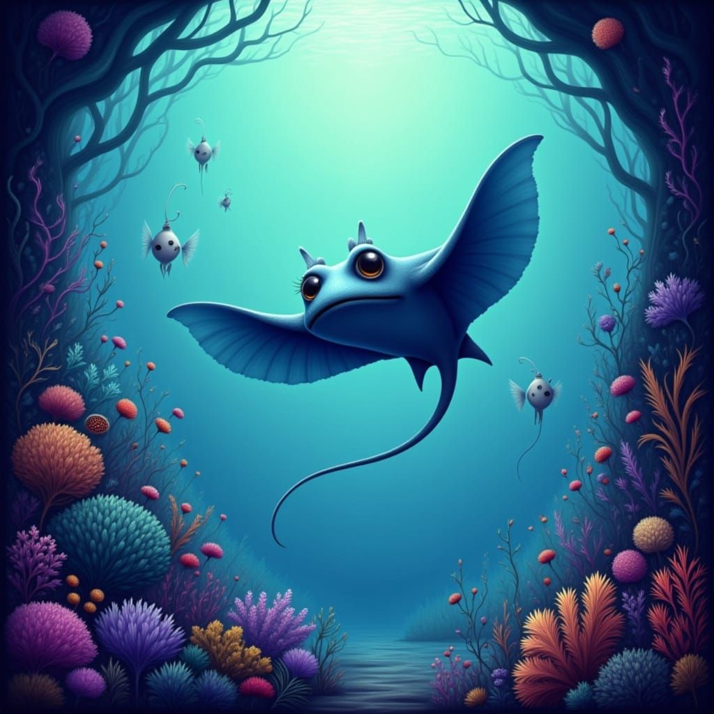 Whimsical Stingray in Vibrant Coral Reef Scene