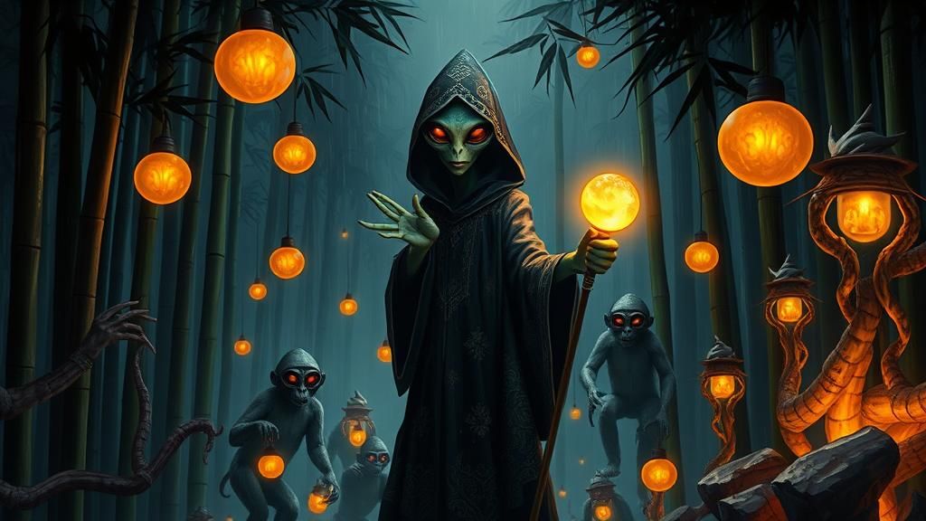 Alien in Bamboo Forest with Glowing Staff